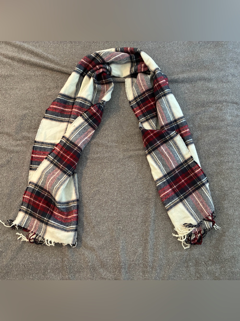 Abercrombie & Fitch Plaid Fringe Scarf in Cream, Red & Blue